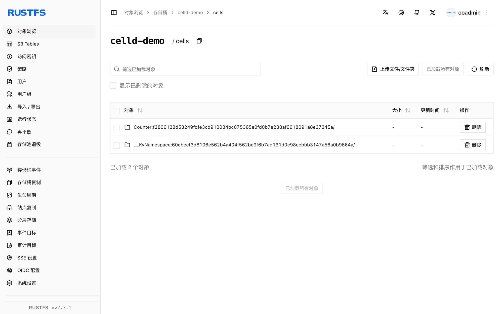 存储在 RustFS 控制台中的 celld 状态