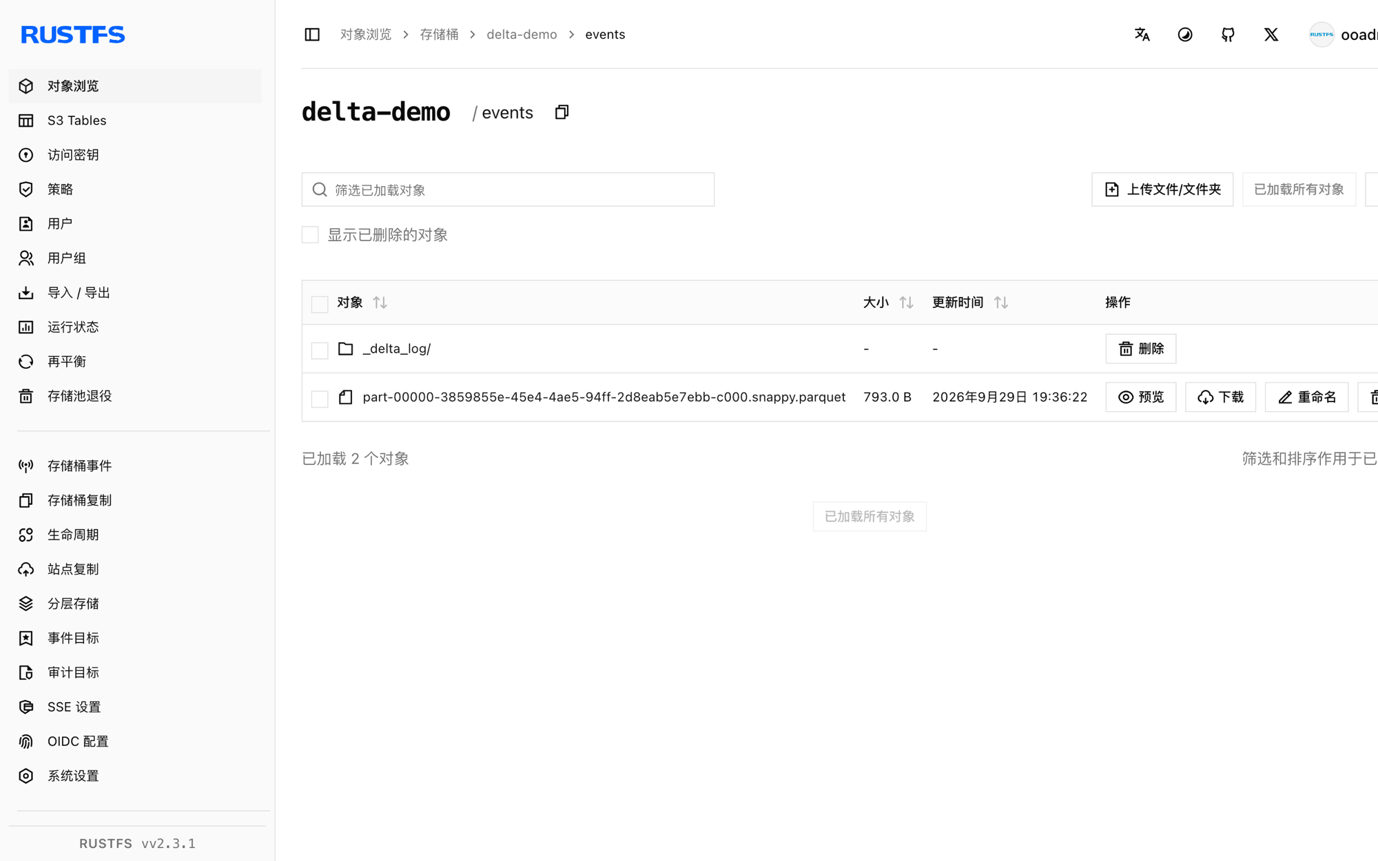 存储在 RustFS 控制台中的 Delta 表文件