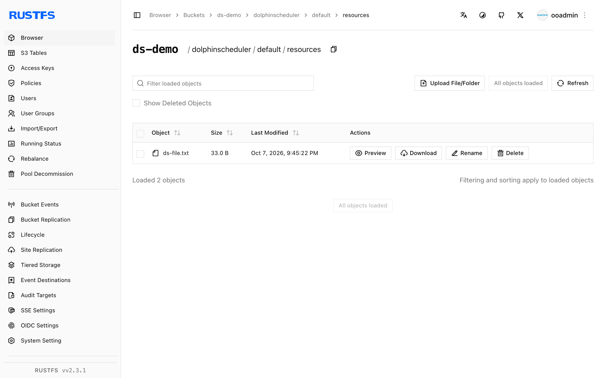 DolphinScheduler resources stored in the RustFS Console