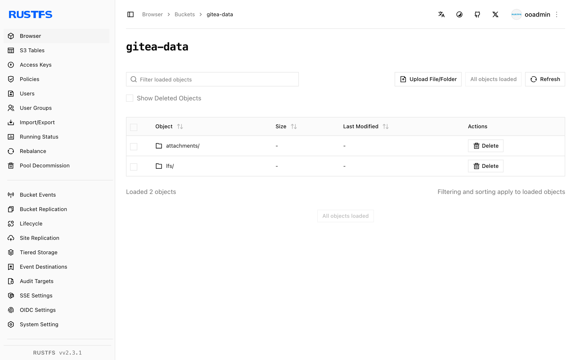 Gitea LFS and attachment objects in the RustFS Console