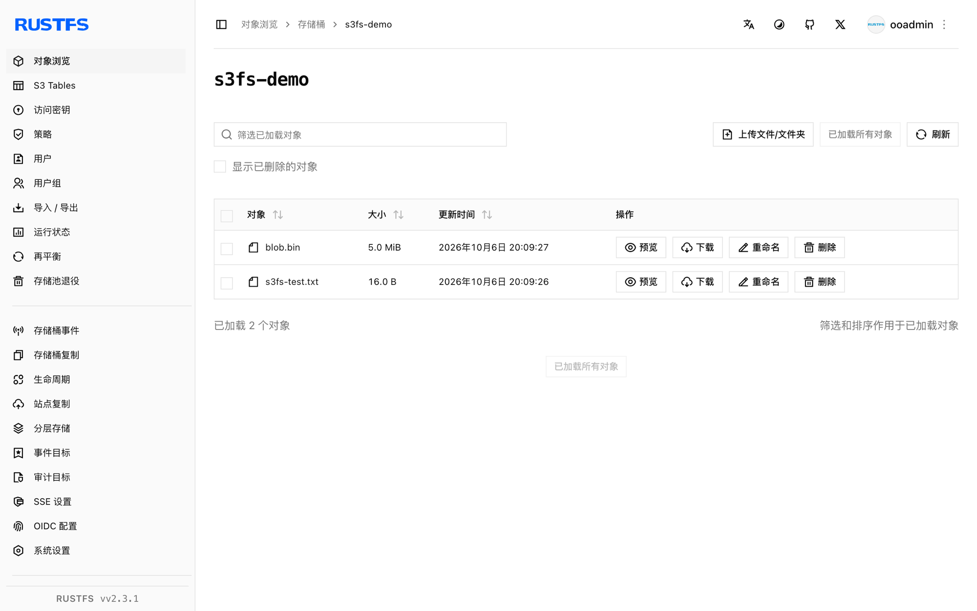 存储在 RustFS 控制台中的 s3fs 文件