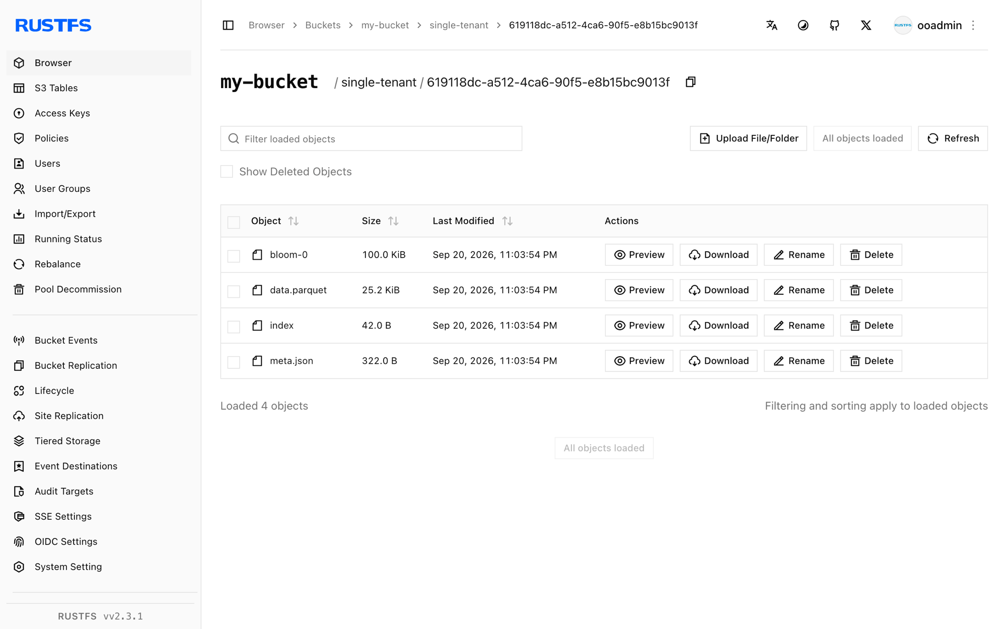 Der in der RustFS-Konsole gespeicherte Tempo-Trace-Block